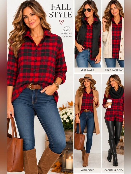 L.L. Bean Tops - L.L.Bean Women’s M 100% Organic Cotton Flannel Shirt Red Black Plaid Button Up